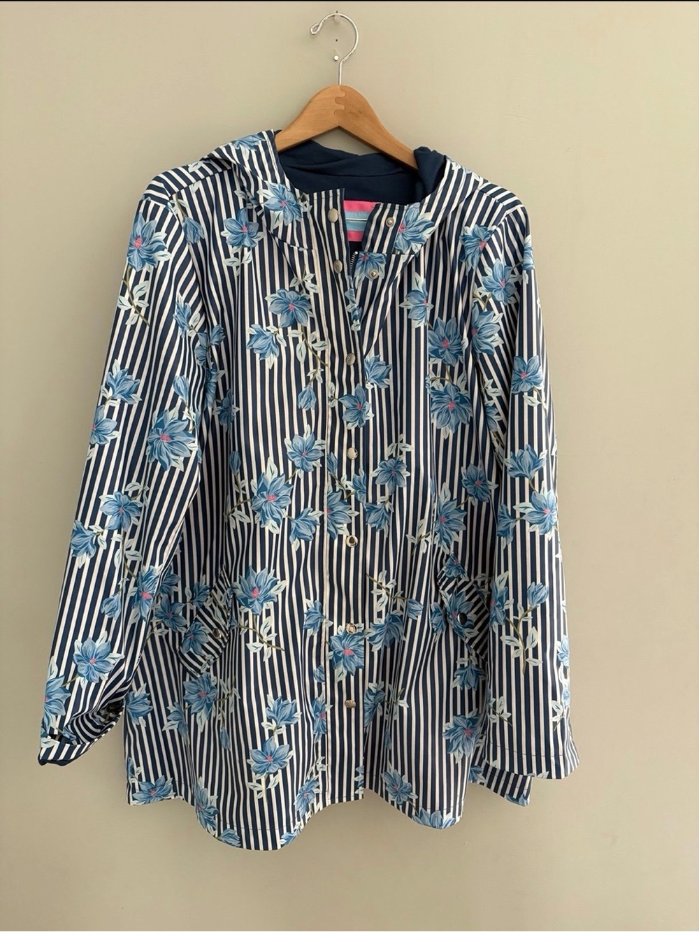 Draper James Navy and White Striped Floral Hooded Trench Coat